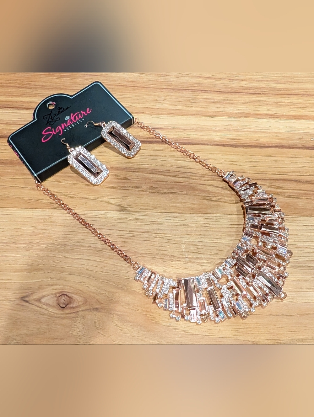 Paparazzi Signature Series Rose Gold Crystal Baguette Necklace & Earrings Set